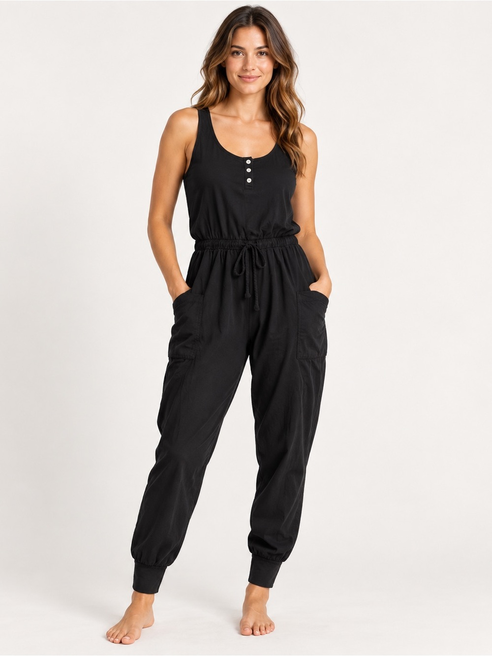 Eberjey Brie Black Cotton Cargo Jumpsuit Sleeveless Jogger Utility Small